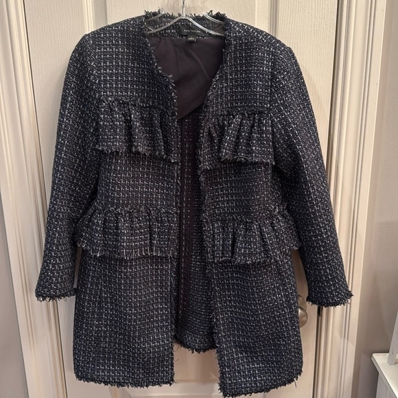 Ann Taylor blue tweed ruffle jacket. Navy blue and metallic size small - Picture 2 of 8